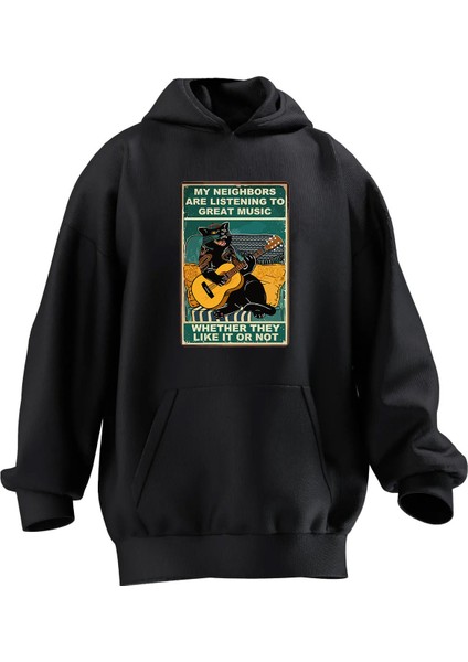 Unisex Premium Pamuk Siyah Gitar Çalan Kedi Baskılı 3 Iplik Kapüşonlu Sweatshirt