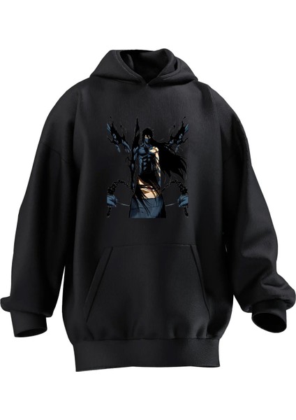 Unisex Premium Pamuk Siyah Yarasa Anime Baskılı 3 Iplik Kapüşonlu Sweatshirt