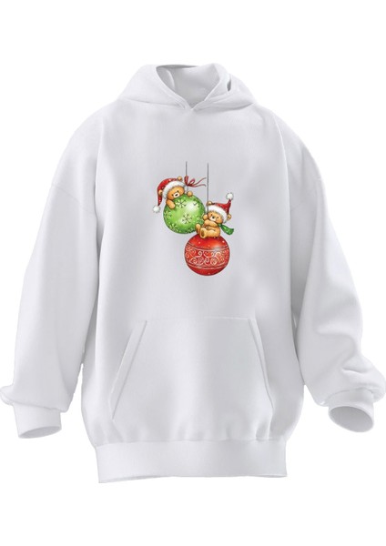 Unisex Premium Pamuk Beyaz Ayıcık Süs Baskılı 3 Iplik Kapüşonlu Sweatshirt