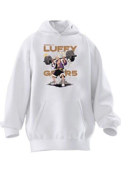Unisex Premium Pamuk Beyaz Luffy Gym Baskılı 3 Iplik Kapüşonlu Sweatshirt