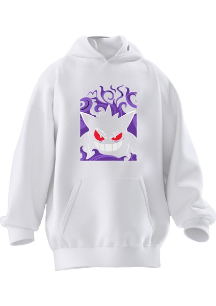 Unisex Premium Pamuk Beyaz Mor Ginger Pokemon Baskılı 3 Iplik Kapüşonlu Sweatshirt