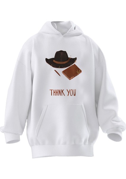 Unisex Premium Pamuk Beyaz Thank You Şapka Baskılı 3 Iplik Kapüşonlu Sweatshirt