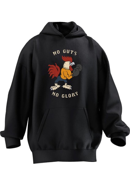 Unisex Premium Pamuk Siyah Box Horoz Baskılı 3 Iplik Kapüşonlu Sweatshirt