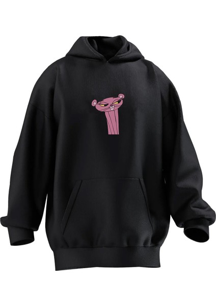 Unisex Premium Pamuk Siyah Pembe Kız Panter Baskılı 3 Iplik Kapüşonlu Sweatshirt