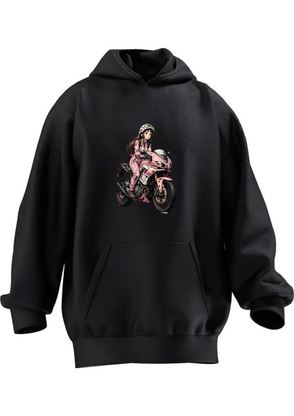 Unisex Premium Pamuk Siyah Racing Anime Baskılı 3 Iplik Kapüşonlu Sweatshirt