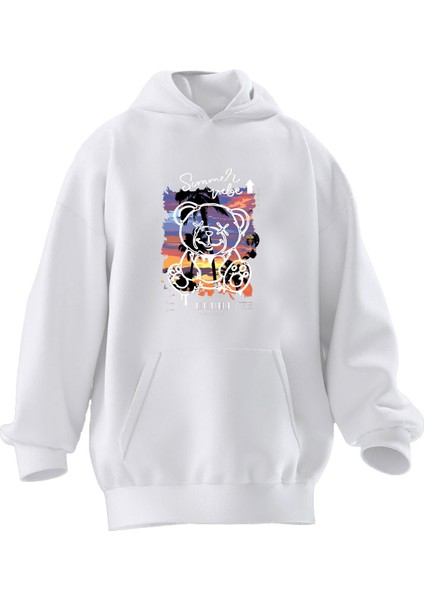 Unisex Premium Pamuk Beyaz Ayıcık Çarpı Göz Baskılı 3 Iplik Kapüşonlu Sweatshirt