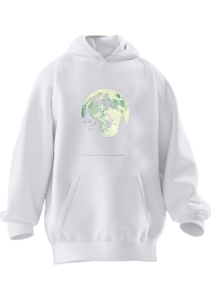 Unisex Premium Pamuk Beyaz Bisiklet Dolunay Baskılı 3 Iplik Kapüşonlu Sweatshirt