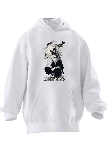 Unisex Premium Pamuk Beyaz Boynuzlu Anime Poster Baskılı 3 Iplik Kapüşonlu Sweatshirt