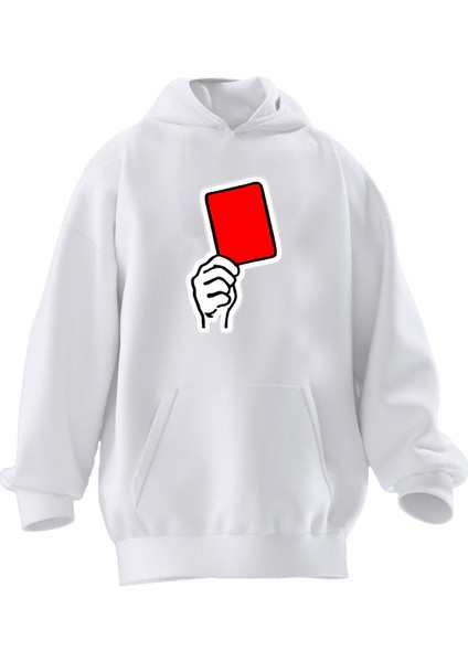 Unisex Premium Pamuk Beyaz Kırmızı Kart Baskılı 3 Iplik Kapüşonlu Sweatshirt