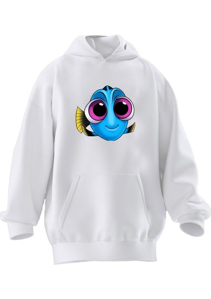 Unisex Premium Pamuk Beyaz Mavi Balık Çizim Baskılı 3 Iplik Kapüşonlu Sweatshirt