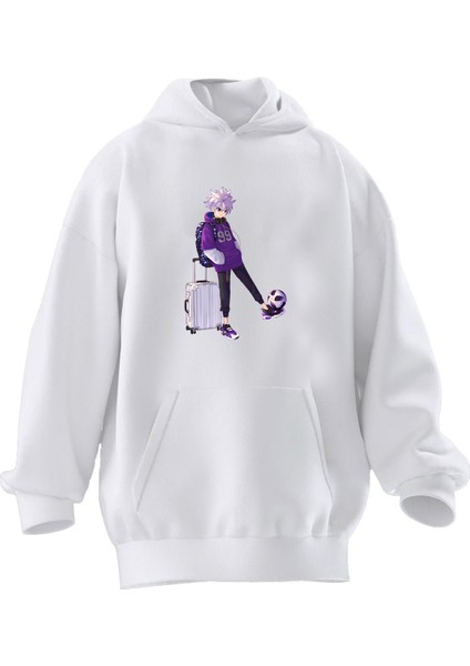 Unisex Premium Pamuk Beyaz Morlu Anime Baskılı 3 Iplik Kapüşonlu Sweatshirt