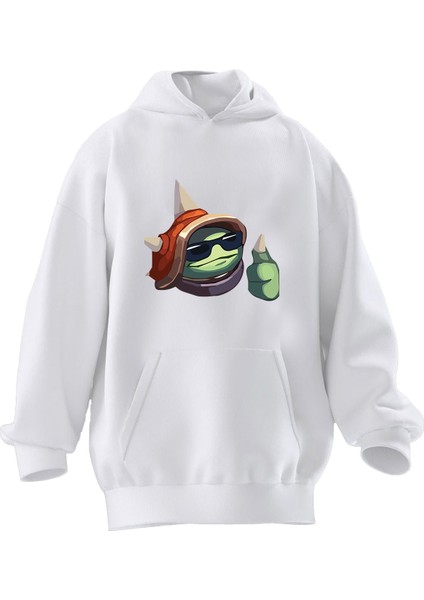 Unisex Premium Pamuk Beyaz Rammus Lol Baskılı 3 Iplik Kapüşonlu Sweatshirt