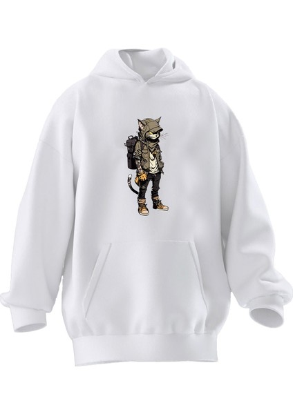 Unisex Premium Pamuk Beyaz Serseri Kedi Baskılı 3 Iplik Kapüşonlu Sweatshirt