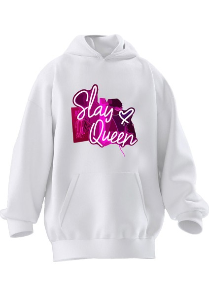 Unisex Premium Pamuk Beyaz Slay Quenn Baskılı 3 Iplik Kapüşonlu Sweatshirt