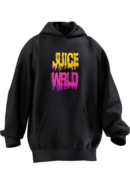 Unisex Premium Pamuk Siyah Juice Wrld Baskılı 3 Iplik Kapüşonlu Sweatshirt