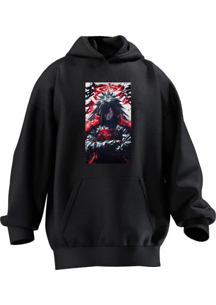 Unisex Premium Pamuk Siyah Kırmızı Gökyüzü Anime Baskılı 3 Iplik Kapüşonlu Sweatshirt
