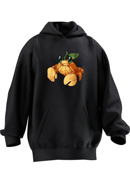 Unisex Premium Pamuk Siyah Mandalina Yengeç Baskılı 3 Iplik Kapüşonlu Sweatshirt