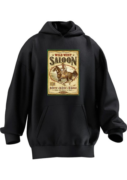 Unisex Premium Pamuk Siyah Saloon Poster Baskılı 3 Iplik Kapüşonlu Sweatshirt