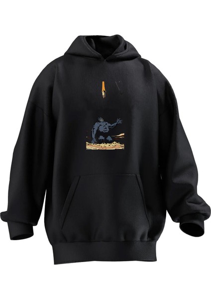 Unisex Premium Pamuk Siyah Füze Düşen Goril Baskılı 3 Iplik Kapüşonlu Sweatshirt