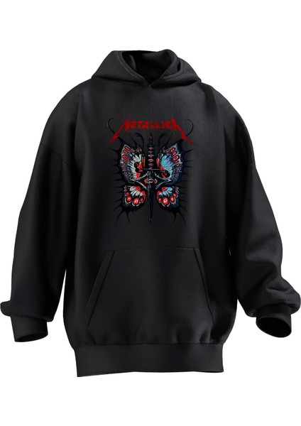 Unisex Premium Pamuk Siyah Kelebek Metallica Baskılı 3 Iplik Kapüşonlu Sweatshirt