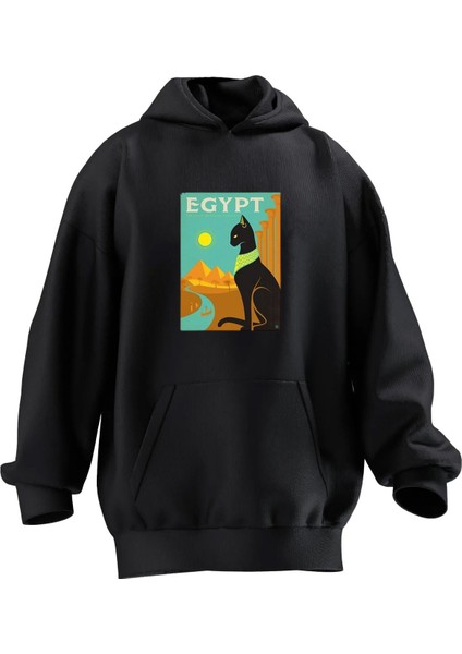 Unisex Premium Pamuk Siyah Egypt Baskılı 3 Iplik Kapüşonlu Sweatshirt