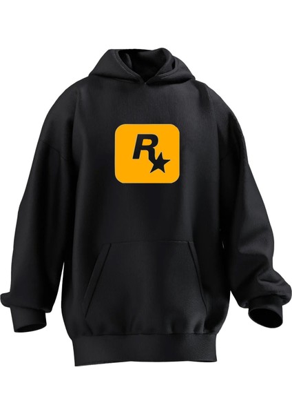 Unisex Premium Pamuk Siyah Gta R Baskılı 3 Iplik Kapüşonlu Sweatshirt
