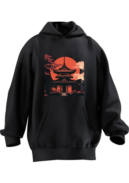 Unisex Premium Pamuk Siyah Japonya Tokyo Ev Baskılı 3 Iplik Kapüşonlu Sweatshirt