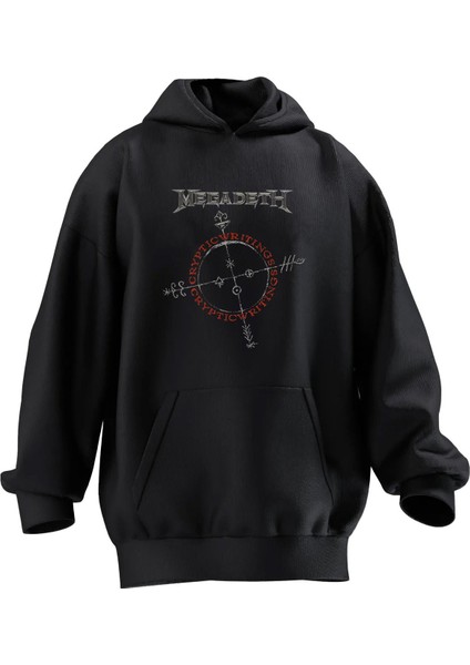 Unisex Premium Pamuk Siyah Megadeth Kırmızı Yuvarlak Desen Baskılı 3 Iplik Kapüşonlu Sweatshirt