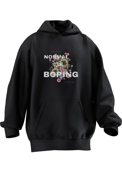 Unisex Premium Pamuk Siyah Normal Boring Baskılı 3 Iplik Kapüşonlu Sweatshirt