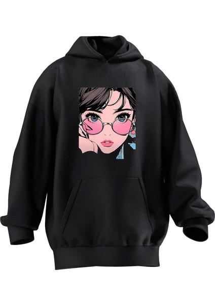 Unisex Premium Pamuk Siyah Pembe Gözlüklü Anime Baskılı 3 Iplik Kapüşonlu Sweatshirt