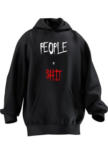 Unisex Premium Pamuk Siyah People Shit Baskılı 3 Iplik Kapüşonlu Sweatshirt