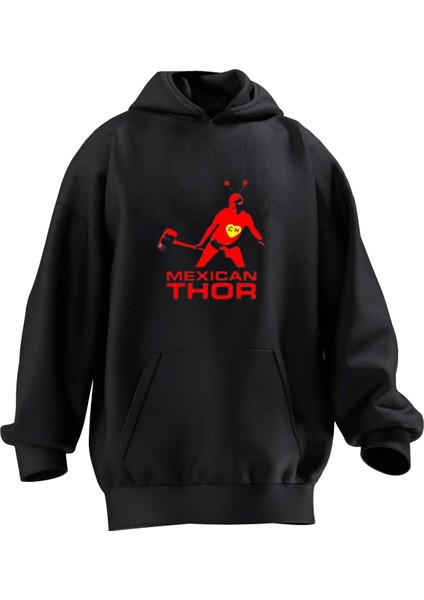 Unisex Premium Pamuk Siyah Mexican Thor Baskılı 3 Iplik Kapüşonlu Sweatshirt