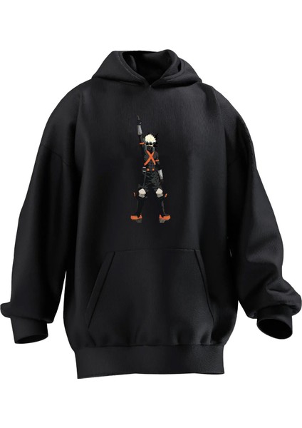 Unisex Premium Pamuk Siyah Özgürlükçü Anime Baskılı 3 Iplik Kapüşonlu Sweatshirt