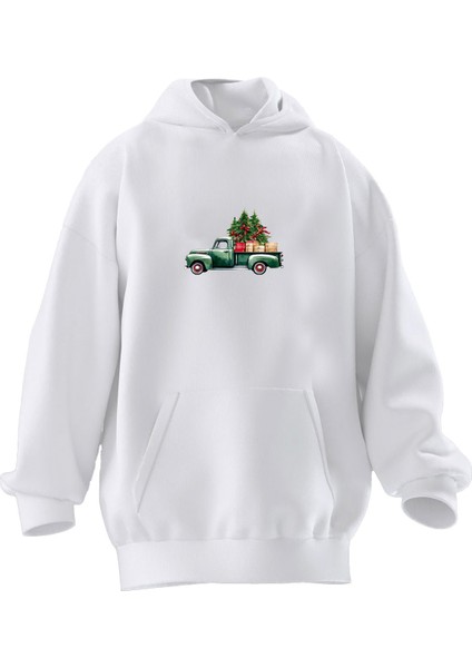Unisex Premium Pamuk Beyaz Çam Kamyonet Baskılı 3 Iplik Kapüşonlu Sweatshirt