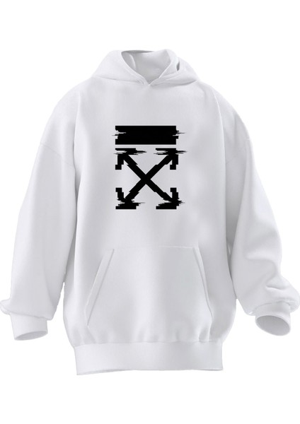 Unisex Premium Pamuk Beyaz Çizgi Çarpı Baskılı 3 Iplik Kapüşonlu Sweatshirt