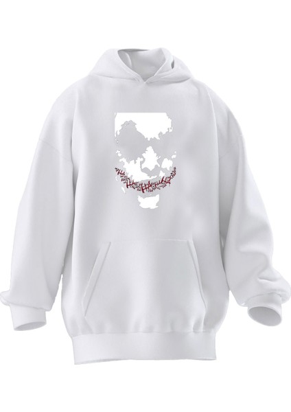 Unisex Premium Pamuk Beyaz Silik Joker Baskılı 3 Iplik Kapüşonlu Sweatshirt