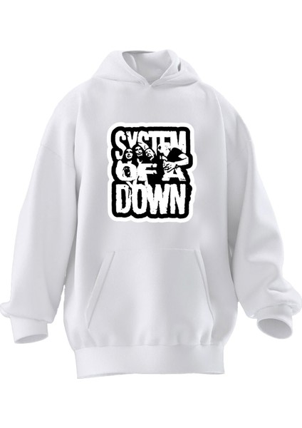 Unisex Premium Pamuk Beyaz System Of Down Baskılı 3 Iplik Kapüşonlu Sweatshirt