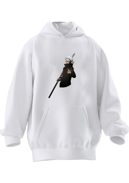 Unisex Premium Pamuk Beyaz Şapkalı Samuray Baskılı 3 Iplik Kapüşonlu Sweatshirt