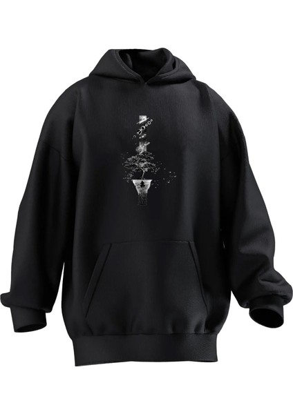 Unisex Premium Pamuk Siyah Çınar Ağacı Saksı Baskılı 3 Iplik Kapüşonlu Sweatshirt