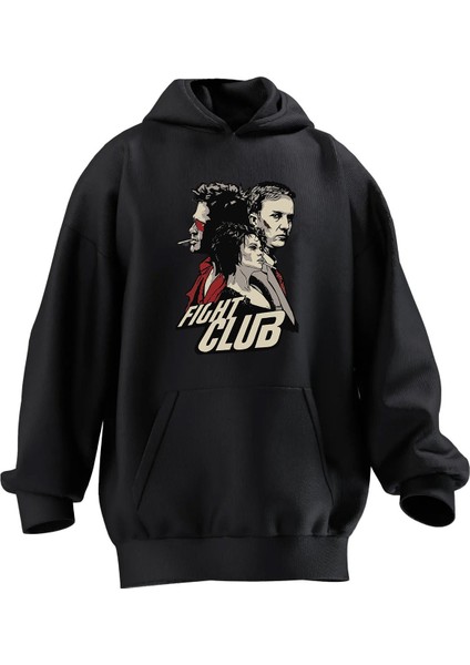 Unisex Premium Pamuk Siyah Fight Club Poster Baskılı 3 Iplik Kapüşonlu Sweatshirt