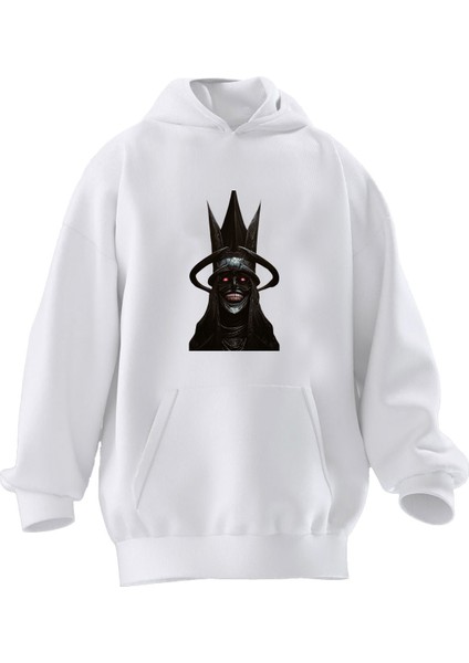 Unisex Premium Pamuk Beyaz Taçlı Şeytan Baskılı 3 Iplik Kapüşonlu Sweatshirt