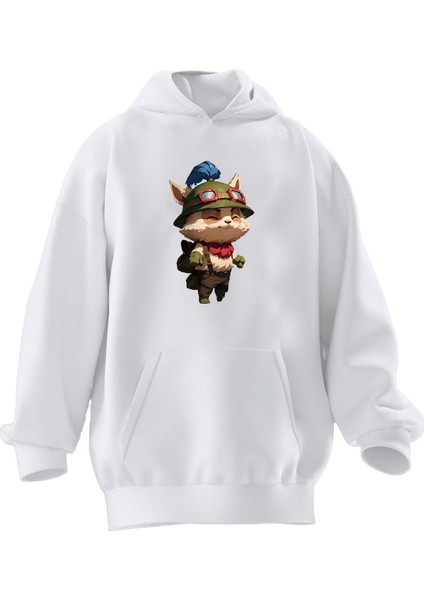 Unisex Premium Pamuk Beyaz Teemo Lol Baskılı 3 Iplik Kapüşonlu Sweatshirt