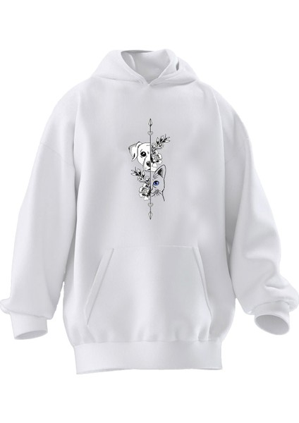 Unisex Premium Pamuk Beyaz Yarım Yüz Köpek Baskılı 3 Iplik Kapüşonlu Sweatshirt