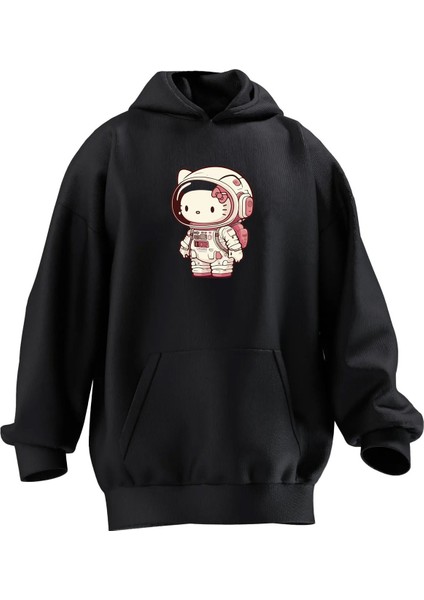Unisex Premium Pamuk Siyah Astronot Kitty Baskılı 3 Iplik Kapüşonlu Sweatshirt