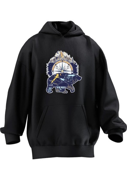 Unisex Premium Pamuk Siyah Bear And Mountain Baskılı 3 Iplik Kapüşonlu Sweatshirt