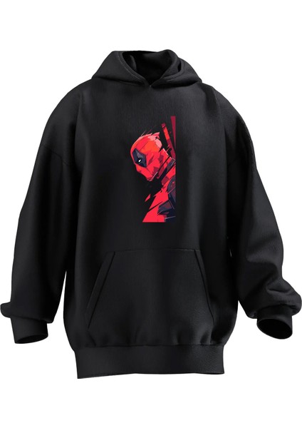 Unisex Premium Pamuk Siyah Hızlı Deadpool Baskılı 3 Iplik Kapüşonlu Sweatshirt