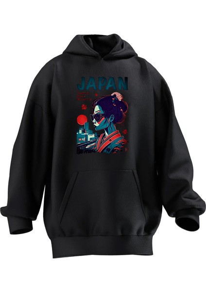 Unisex Premium Pamuk Siyah Japan Kapak Kadın Baskılı 3 Iplik Kapüşonlu Sweatshirt