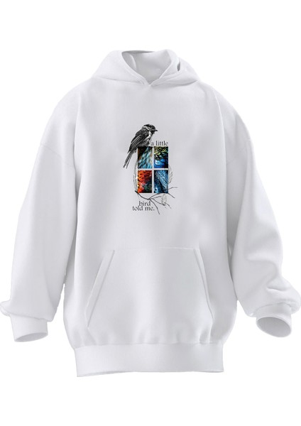 Unisex Premium Pamuk Beyaz Bülbül Desen Baskılı 3 Iplik Kapüşonlu Sweatshirt