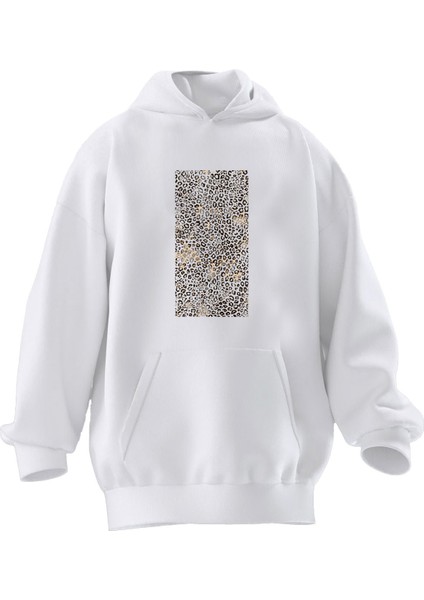 Unisex Premium Pamuk Beyaz Leopar Desen Baskılı 3 Iplik Kapüşonlu Sweatshirt