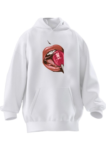 Unisex Premium Pamuk Beyaz Lolipop Dudak Baskılı 3 Iplik Kapüşonlu Sweatshirt